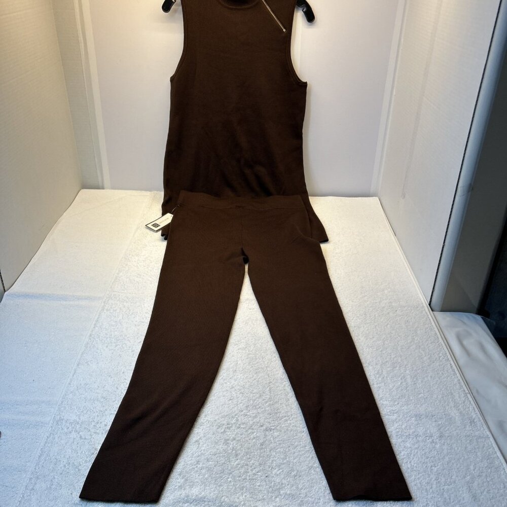 Cable & Gauge Womens 2 pc Knit Slim Pants Tunic Side Zip at Neck Cocoa Sz L New